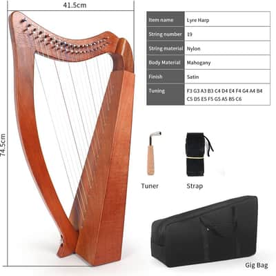Solid Mahogany Harps 29'' W/Gig Bag,Tuning Wrench,Straps,Instruction for Professional Lyre Harp Player,Beginner,Adults F3 G3 A3 B3 C4 D4 E4 F4 G4 A4 B4 C5 D5 E5 F5 G5 A5 B5 C6 image 2