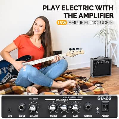 Glarry GJazz Electric Bass Guitar Dark Blue /20W Amplifier image 12