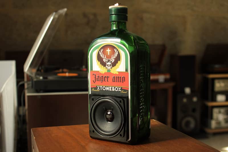 Xtonebox Jager-Amp portable guitar amplifier in a liquor bottle of Jagermeister. Cigar Box Amp image 1