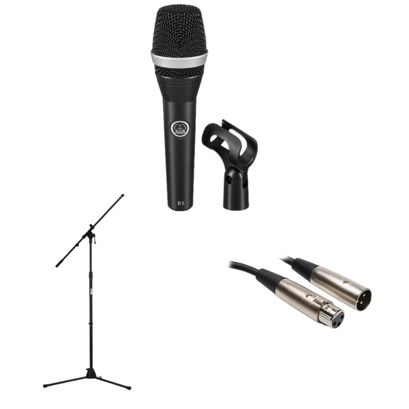 AKG D5 Supercardioid Dynamic Handheld Vocal Microphone with On-Stage MS7701B Boom Microphone Stand and XLR Cable image 1