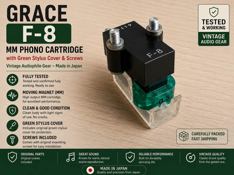 Grace F-8 MM Phono Cartridge w/ Green Stylus Cover & Screws Tested image 1