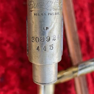VINTAGE 1940s Buescher 400 True Tone LOW PITCH 445 TROMBONE 'Angled Poles' GOOD/AVG condition,  OWNER ENGRAVED NAME ON BELL image 1