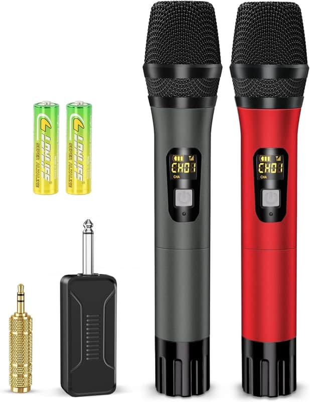 Wireless Microphones, Professional UHF Metal Dual Handheld Cordless Dynamic Mic System with Rechargeable Receiver, 1/4" Output, 160ft Range, Auto Connect for Karaoke, Party Singing, Church, Speech, DJ image 1