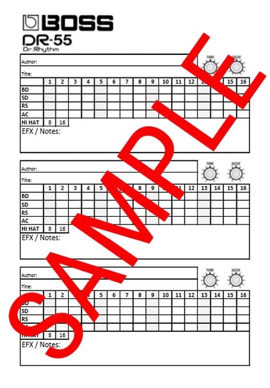 BOSS DR-55 (16-Step) Drum Machine Pattern / Patch Sheet image 1