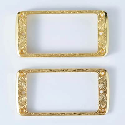 Humbucker Pickup Mounting Rings Curved Bridge and Neck Ornate Gold Metal set of 2 image 1