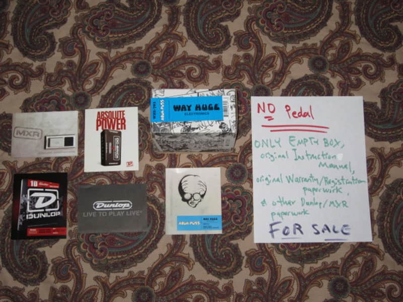 very lightly handled (mostly very clean) genuine Way Huge EMPTY BOX, original Instruction Manual & Warranty / Registration paperwork  for Way Huge Aqua-Puss Analog Delay MkII (WHE-701) (NO pedal) + orig small MXR/Dunlop catalog booklet & other pw (2010s) image 1