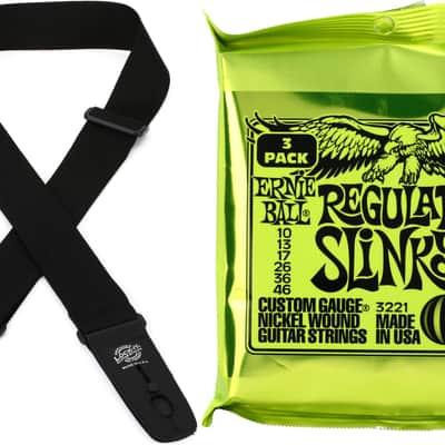 Lock-It Straps Professional Gig Series 2" Black Poly Strap with Locking Ends  Bundle with Ernie Ball 3221 Regular Slinky Nickel Wound Electric Guitar Strings - .010-.046 Factory 3-pack image 1