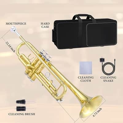 Bb Standard Trumpet for Beginners | Student Band, Orchestra, Pro Level Performance | Professional Brass Trumpet Kit with Hard Case, Mouthpiece & Cleaning Kit | Gold image 2
