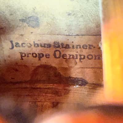 Antique Jacobus Stainer-Style Full-Size Violin – 1635 Label, Bow & Case Antique Jacobus Stainer-Style Full-Size Violin – 1635 Label, Bow & Case Unknown  - warm amber-brown finish, attractive figured maple back and sides image 23