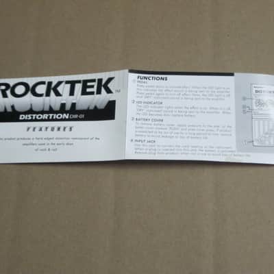 very lightly handed (very clean, but has some aging) Rocktek EMPTY BOX + original Owner's Manual & original Warranty/Registration paperwork ONLY for DIR-01 Distortion (NO pedal) mid to late 1980s, Cardboard, GRAPHICS on Lid: Pink,Blue,Black,Aged White image 20