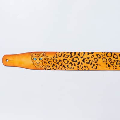 burnyblack custom made guitar strap leather - leopard pattern 1 yellow image 8