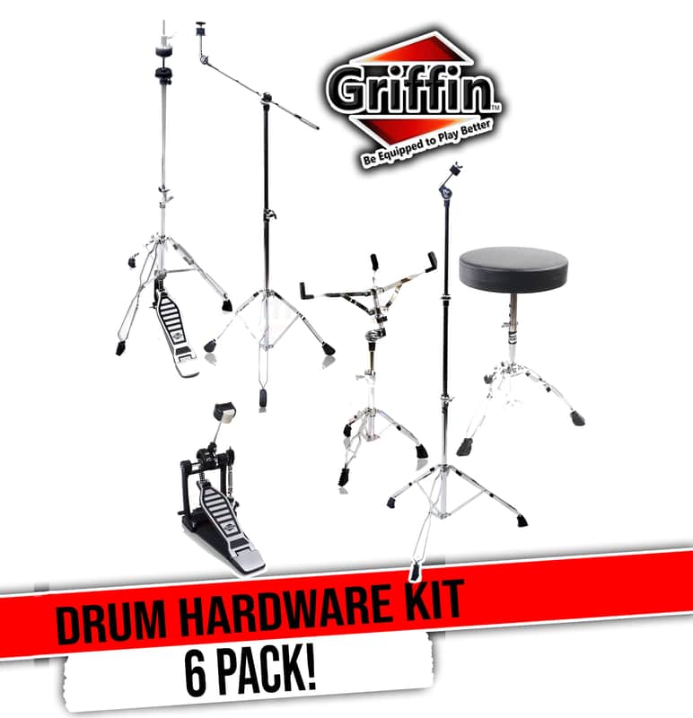 GRIFFIN 6 Piece Drum Hardware Pack (Percussion TiltPro X Edition) – Full Stand Kit with Snare, Hi-Hat, Cymbal Boom, Kick Pedal & Throne for Gigs or Studio image 1