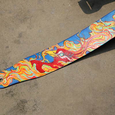 Burny Black handmade guitar strap leather - phoenix red/blue made to order - oil image 5