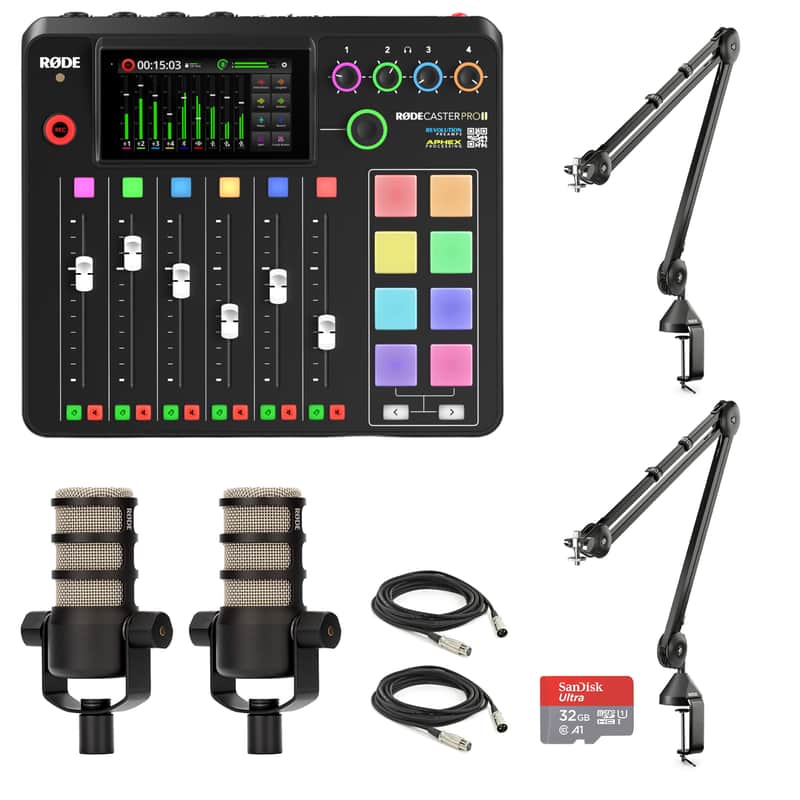 Rode RODECaster Pro II Integrated Audio Production Console with 2x Rode PodMic Dynamic Podcasting Microphones, Rode PSA1 Professional Microphone Arms, SanDisk 32GB microSD Card, XLR Cable and StreamEye Cloth image 1