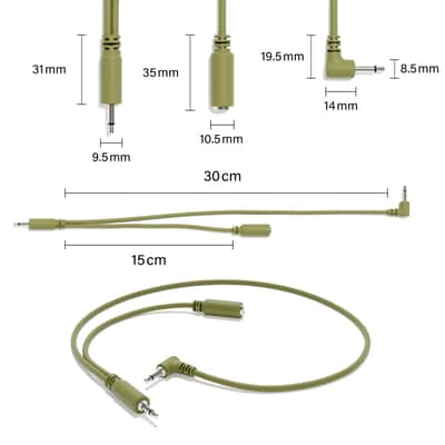 ExcelValley [Army Green | 10 cm - 3.94"] 5-Pack - Right Angle Hopscotch Mono Splitter Y Patch Cables TS 3.5mm 1/8" Eurorack Synth image 2