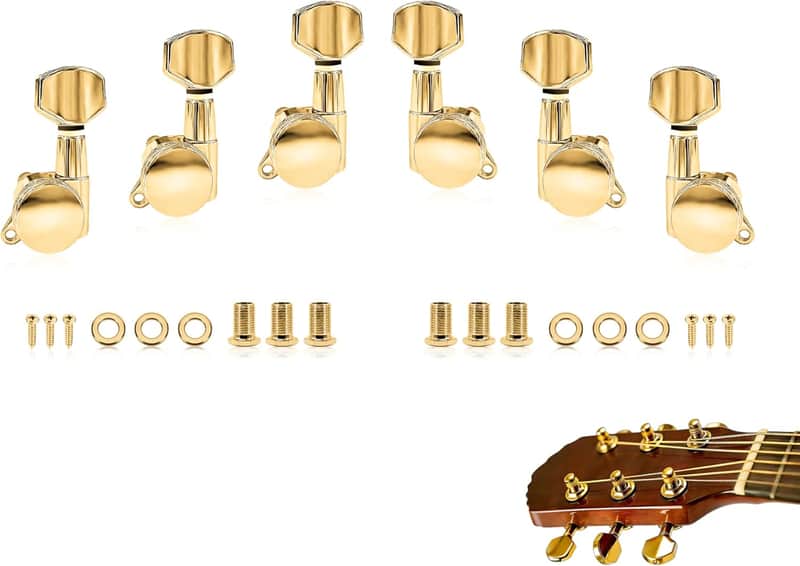 Guitar Locking Tuners 6 Inline,Lock String Tuning Key Pegs,guitar machine heads with Hexagonal Handle (Gold, 3 Left +3 Right) image 1