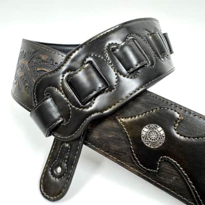 Walker & Williams LIP-06 Dark Rye Tan Carved Leather Spade Cut Strap with Tooled Cross and Thorns image 6