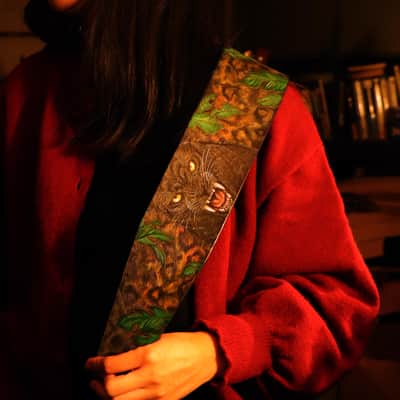 Burny Black Handmade Leather Guitar Strap: Black Panther_Carved & Painted, Custom Initials 2026(made to order) - oil image 16