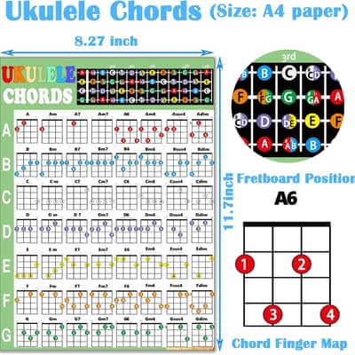 Ukulele Beginner's Kit: Chord Chart, Fretboard Stickers, Picks - Black and White Vinyl, Ukulele Accessory image 6