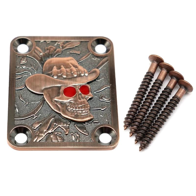 Red Bronze Skull Head Top Strat Tele Style Guitar Neck Plate Set with Screws image 1