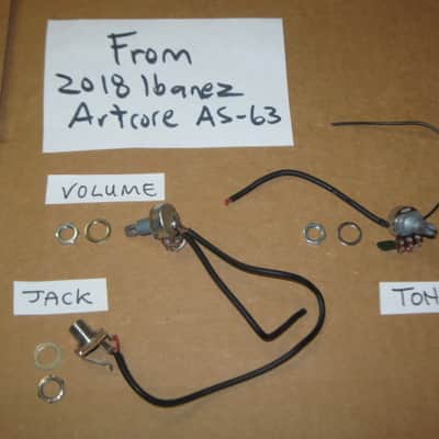 rarely used genuine Ibanez control harness (1 VOL pot B500K, 1 TONE pot A500K w/ capacitor, 1 jack) +main wires & nuts/washers & extra wires [NO switch] (from display piece 2018 Artcore AS-63 (NO: guitar, other parts) Metric, 18 spline coarse split shaft image 1