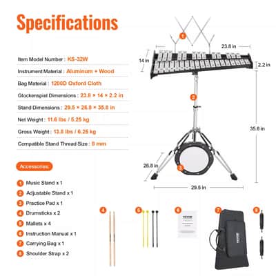 32-Note Glockenspiel Xylophone Bell Kit with Adjustable Stand, Practice Pad, and Accessories image 5