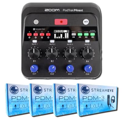 Zoom PodTrak P4next Podcast Recorder & Audio Interface with 4x StreamEye PDM-3 Podcast Equipment Bundle with Podcast Microphones, Headphones, Tripods & XLR Cables for Four-Person Recording image 1