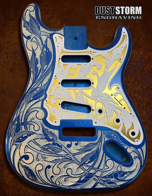 Fender Strat Guitar Body Custom Laser Engraved Blue Sparkle and White with White and Gold Mirror Pickguard & Tremolo Cover HSH, HSS, SSS Setup Available image 1