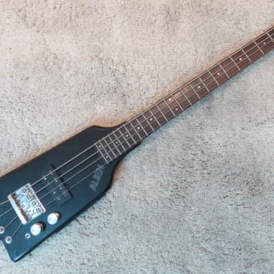 Vintage 1980s Hondo Alien Headless Short Scale Bass Guitar Aluminum Neck Black image 10