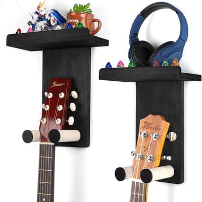 Guitar Wall Hanger,2 Pack Guitar Wall Mount Holder Guitar Hanger Shelf with Pick Holder Wood Guitar Rack for Acoustic or Electric Guitar,Ukulele,Bass,Mandolin Black image 1