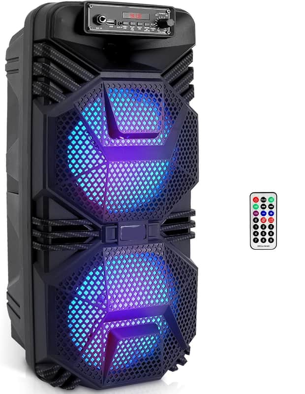Bluetooth PA Speaker System - 600W Rechargeable Outdoor Bluetooth Speaker Portable PA System w/ Dual 8” Subwoofer 1  Microphone In, Party Lights, USB, Radio, Remote image 1