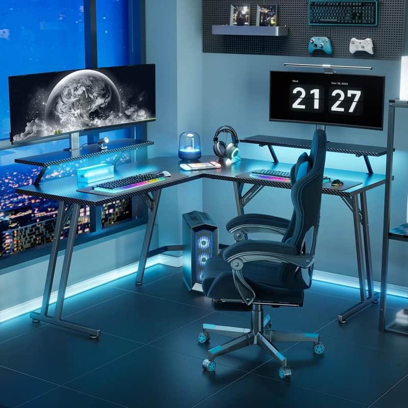 51-Inch L-Shaped Music Studio Desk with LED Lighting & Dual Monitor Stands – Producer Workstation image 1