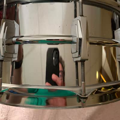 Ludwig No. 402 Supraphonic 6.5x14" 10-Lug Aluminum Snare Drum with Pointed Blue/Olive Badge 1969 - 1979 - Chrome-Plated image 19