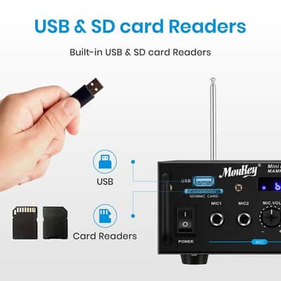 Bluetooth Stereo Amplifier - Desktop Audio Power Amp Receiver with FM Radio, MP3/USB/SD Readers image 5