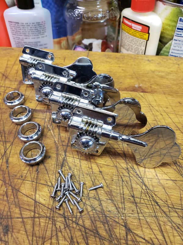 Chrome Four in line Split Shaft Bass Guitar Tuners Grommets Screws Luthier Project Parts #2 image 1