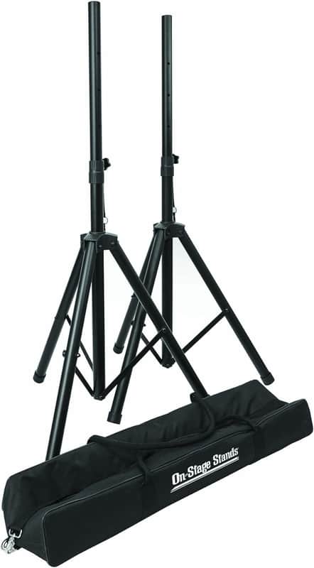 On-Stage SSP7750 Compact Speaker Stand Pack (Pair, Folding, Portable, Tripod Base, Loudspeaker Setup, Carrying Bag, Adjustable Height, Nonslip Rubber Feet, 1 3/8″ or 1 1/2″ Pole, Aluminum, Black) image 1