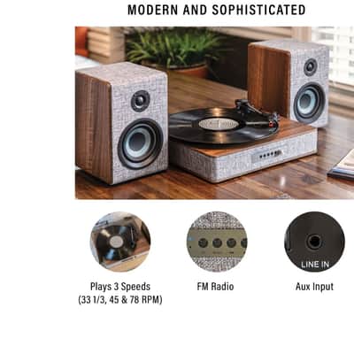 Crosley Aria Shelf System CR7020A With 3 Speed Turntable + Built-in Bluetooth, Gray -NEW image 2