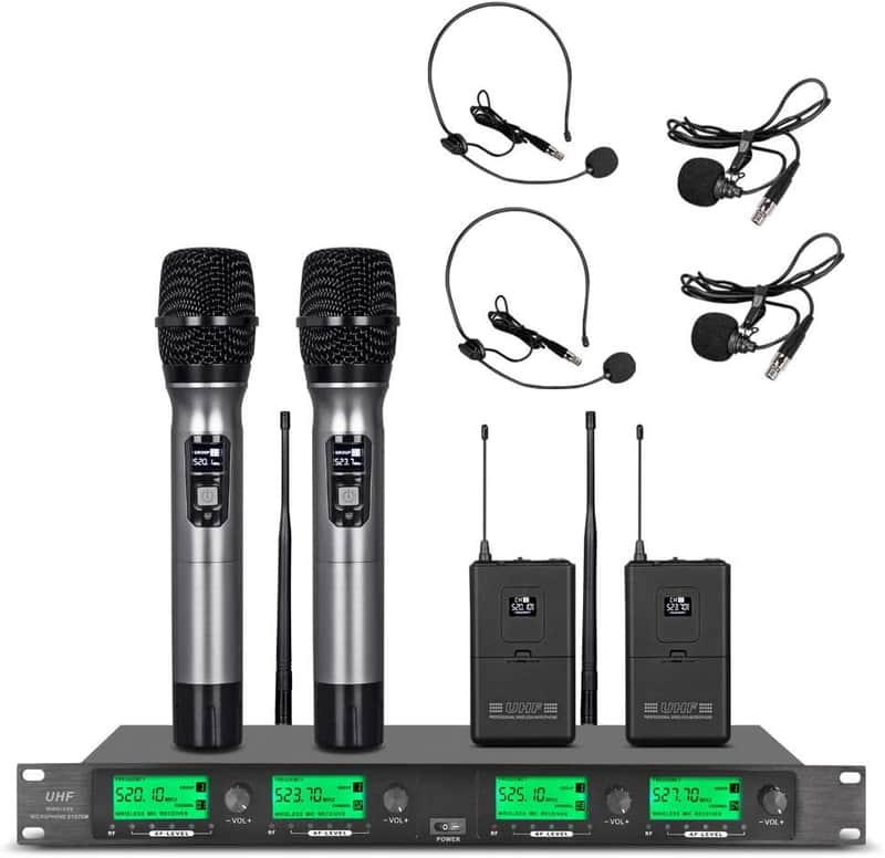 Wireless Microphone System UHF 4 Channel 2 Handheld Mic 2 Headset 2 Lavalier Bodypack 2 Lapel Mic Pro Karaoke System Speaking Conference Wedding Party image 1