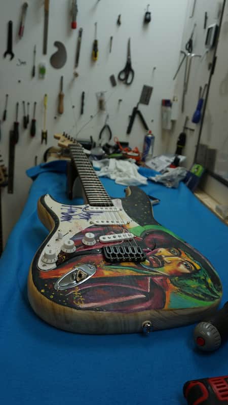 Unique Custom Jimi Hendrix hand painted guitar left handed stratocaster black & natural wood image 1