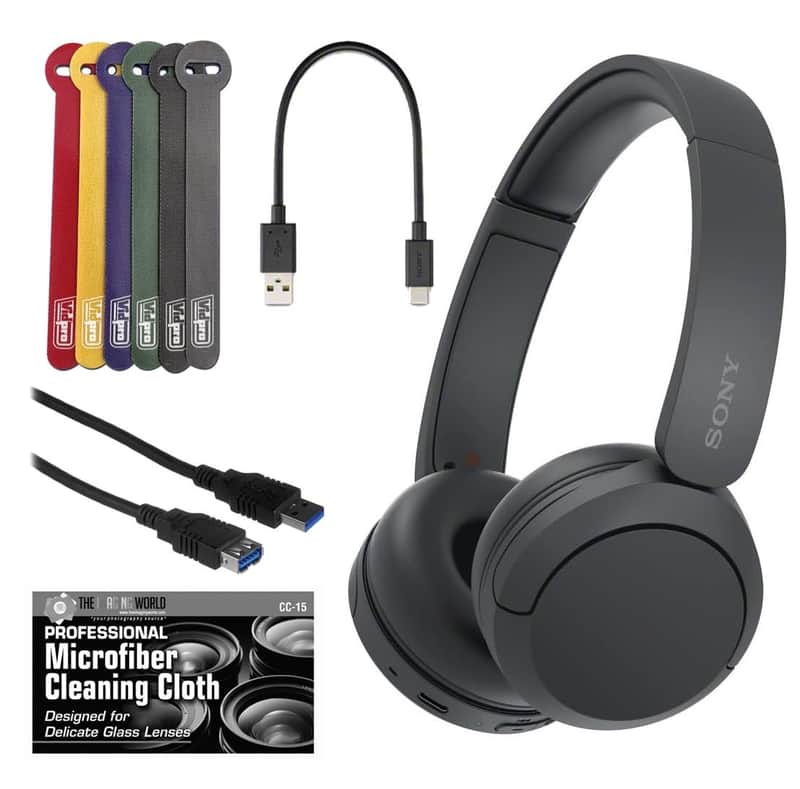 The Imaging World Bundle of Sony Wireless Bluetooth On-Ear Headphones with Microphone (Black) with Charging Cable + Cable Ties + Extension Cable + Microfiber Cloth - Up to 50 Hours Battery Life image 1