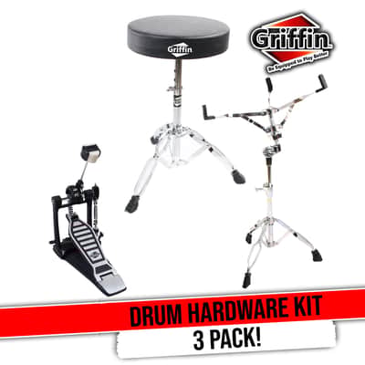 GRIFFIN 3 Pack Drum Hardware Set (ChromeElite Edition) – Kick Bass Pedal, Drum Throne & Snare Stand – Double Chain & Comfortable Seat with Upgrade Metal Knob image 1