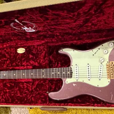 Stratocaster -1963 replica, Chunky highly figured Brazilian Rosewood slab Musikraft neck/ JM Rolph 1963 pickups/ nitro guard /mjt relic Purple Mist body/ relic gold hardware image 1