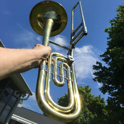 SUMMER DEAL F E OLDS LOS ANGELES .554 / .565 DUAL BASS TROMBONE 10INCH BELL SINGLE ROTAR 1948 EXCELLANT SHAPE ORG. CASE WITH MPC image 19