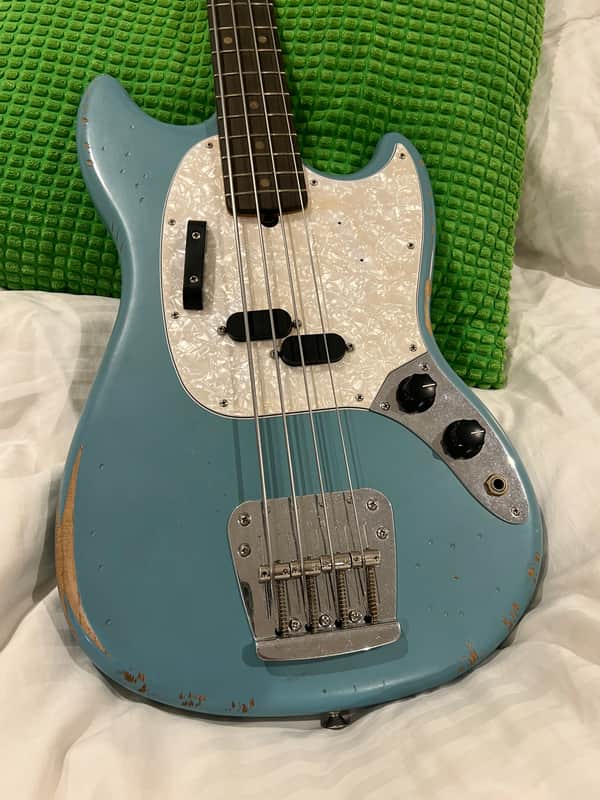 Fender Justin Meldal-Johnsen Road Worn Signature Mustang Bass 2018 - Present - Faded Daphne Blue image 1
