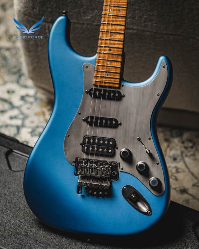 Luxxtone Choppa S HSS Floyd-Matte Lake Placid Blue w/Blackend Aluminum Pickguard & 1-Piece Roasted Flame Maple Neck image 1