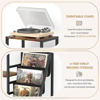 Record Player Stand, Guitar Stand for Acoustic, Electric Guitar, Bass with Amp Stand, 3-Tier Vinyl Record Storage Up to 200 Albums, Record Player Table for Record Player, Speaker, Amplifier image 3