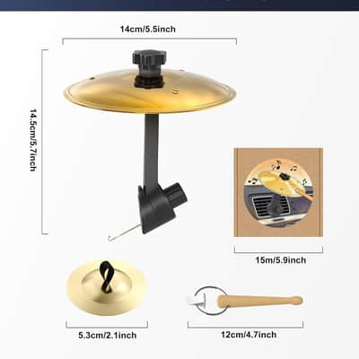 Car Cymbal Air Vent,Mini Car Drum Crash Cymbal Set with Mini Drum Stick & 2 Finger Cymbals ,Fun Dashboard Instrument, Fun Gfit,Universal Fit for Most Cars (Gold) image 2