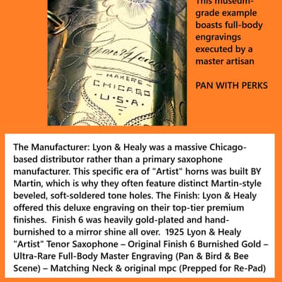 MAKE OFFER DUBBED "PAN AND PERKS" LYON AND HEALY TENOR SAXOPHONE ULTRA RARE BURNISHED GOLD PLATED ARTIST MULTI PORTRAITS TOP FINISH #6 SPECIAL ORDERED ORIGINAL MPC image 6
