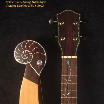 Handcrafted 5 String Harp Style Concert Ukulele, Solid Spruce, Mahogany, MOP Vine Inlay, Bruce Wei HU15-2002 image 2