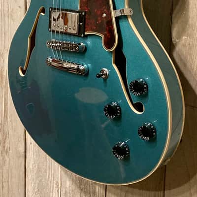 New D'Angelico Premier DC Semi-Hollow Double Cut, Stop-Bar Tailpiece, Ocean Turquoise, Buy Indie! image 5
